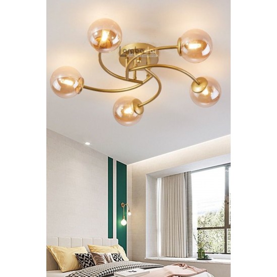 LedDevi Luxury Model Plafonyer Beşli Gold Modern Bal Camlı Avize