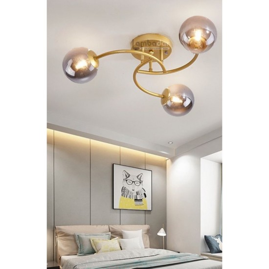 LedDevi Luxury Model Plafonyer Üçlü Gold Modern Füme Camlı Avize 